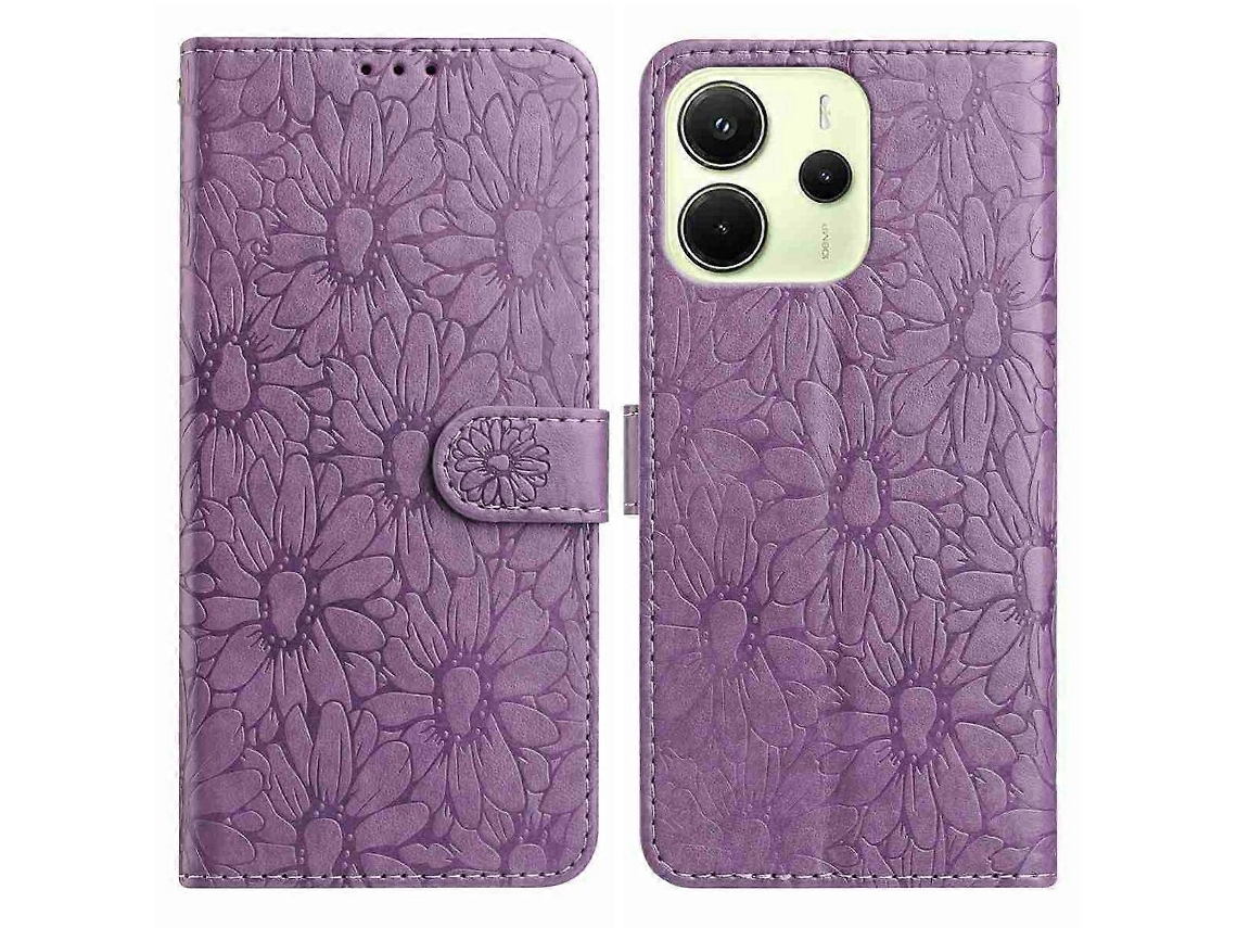 Capa De Couro Com Estampa De Margaridas E Suporte Para Carteira Para Xiaomi Redmi Note 14 4g (164,84 Mm) - Capa Protetora Roxa Clara
