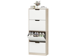Armário Estreito Para Sapatos Com 4 Portas Dobráveis, Madeira E Branco, Prateleiras Ajustáveis Para 16 Pares, 62,5x26x156 Centímetros
