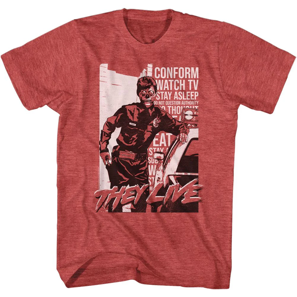 Unisex Adult T-shirt Rockinstone They Live Movie Cop And Car Heather Red Sizem