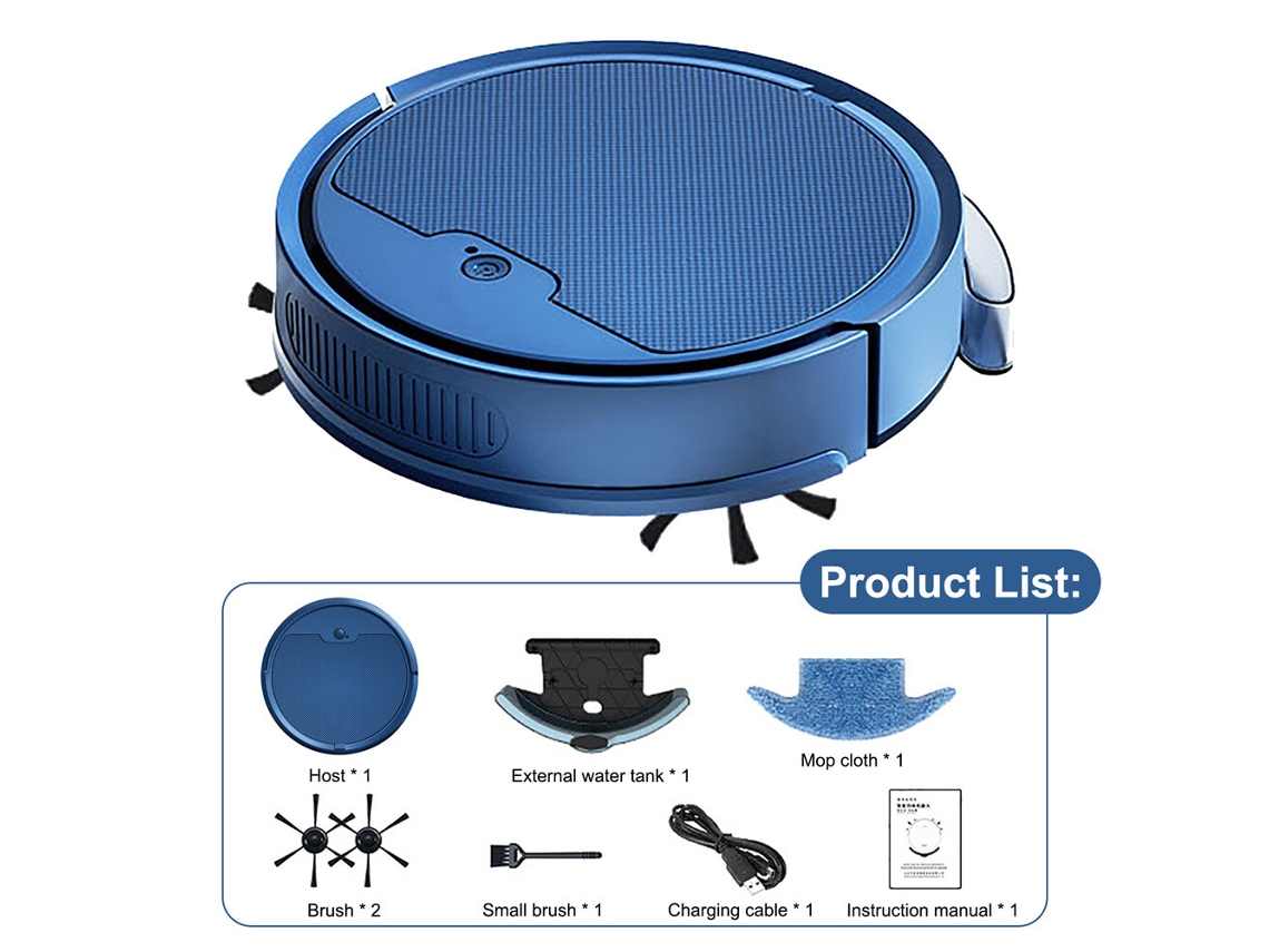 Aspirador de Pó Robô 3 em 1 Varre, Esfrega e Limpa Pisos de Carpete, Aplicativo Inteligente Wi fi Azul SUNNY SPACES