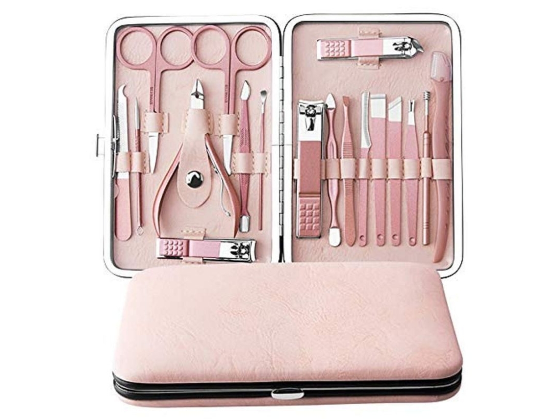Kit de Unhas Manicure Pedicure 18 em 1 Aço Inoxidável com Tesoura Cabelo Saco de Couro Portátil