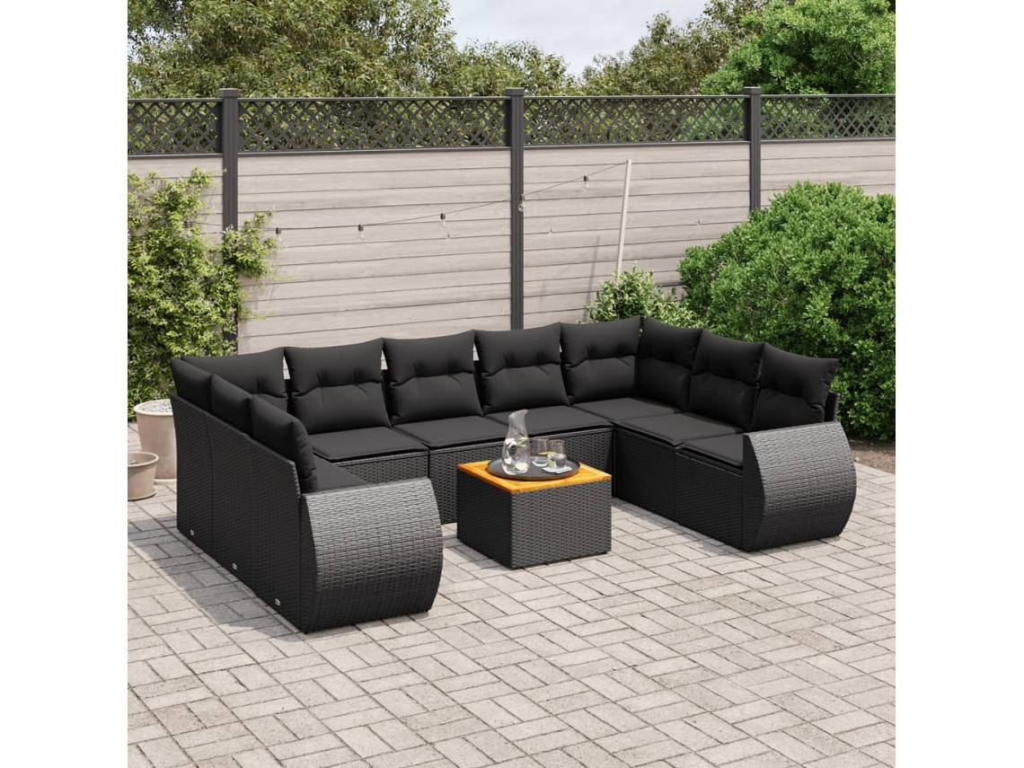 10 Pcs Conjunto Sofás De Jardim C/ Almofadões Vime Pe Preto Dkd Home Decor