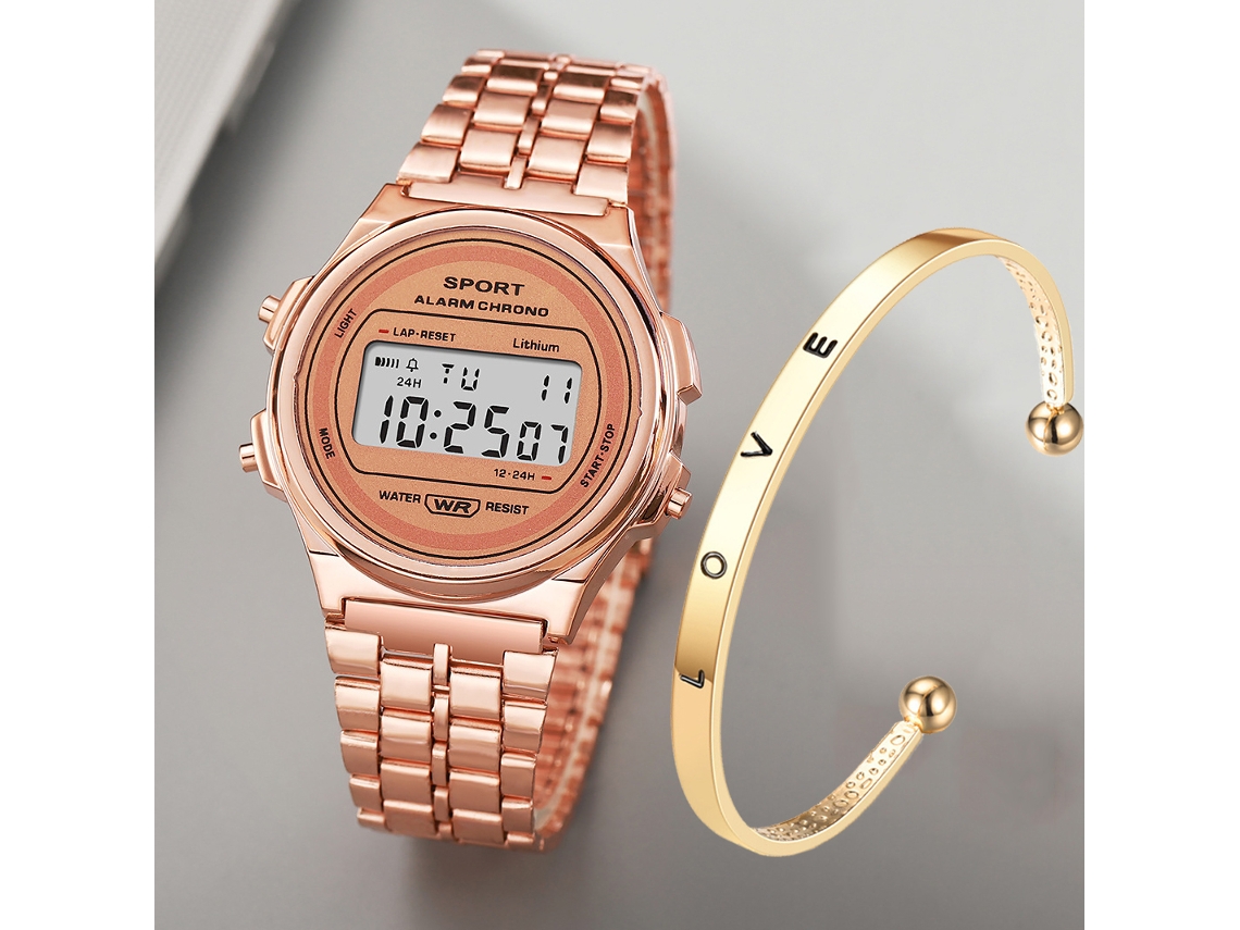 Relógio Digital Led Retrô Feminino (ouro Rosa), Multifuncional