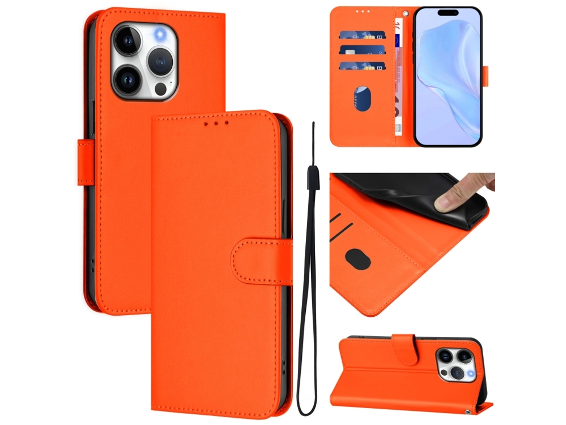 Capa De Couro Sintético Para Iphone 16 Pro - Toque Suave - Cor Sólida - Com Cordão