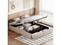 Cama De Casal Veyrixan 140x200 Cm Bege Sem Cabeceira Com Arrumação Baú Otomana E 2 Gavetas Em Linho Estofada 300 Kg