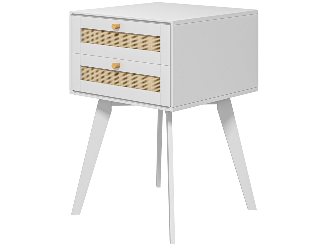 Mesa Cabeceira Branca Boho 40x40x60 Cm (2 Gavetas, Vime, Decoração)