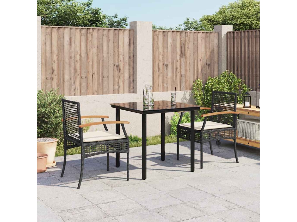 Vidaxl 3 Pcs Conjunto De Jantar P/ Jardim C/ Almofadões Vime Pe Preto