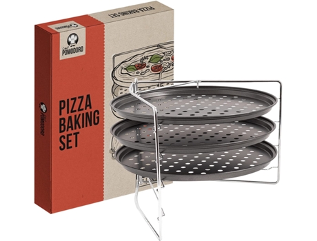 Chef Pomodoro Pizza Baking com 3 Pizzas e Rack de Pizza Bandejas de Pizza Perfuradas Antiaderentes para Forno Grelha Panelas de 11 Polegadas