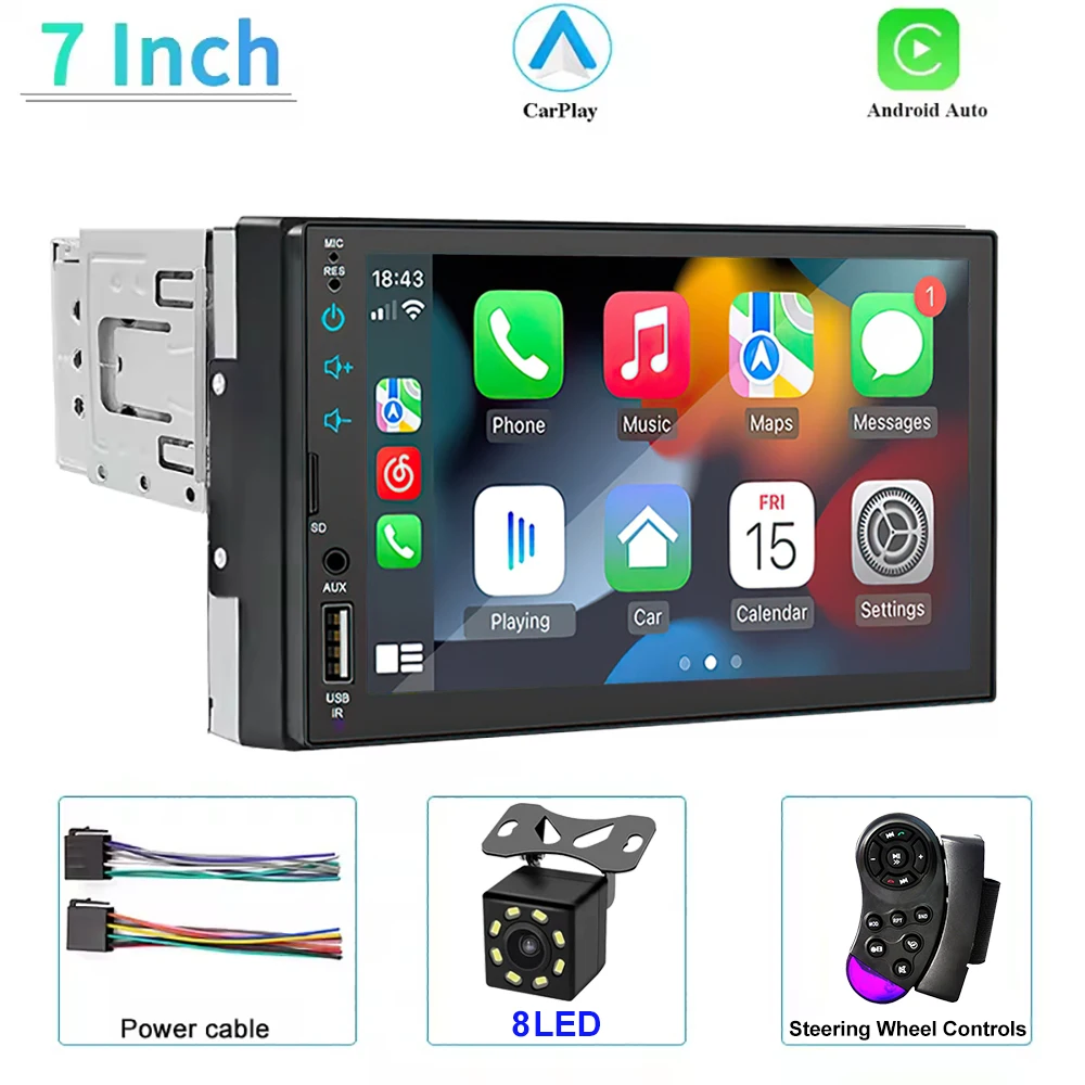 (carplay-8led) Sistema Multimídia Automotivo 1din Com Tela Ips De 7 Polegadas, Carplay, Bluetooth E Conectividade Usb.