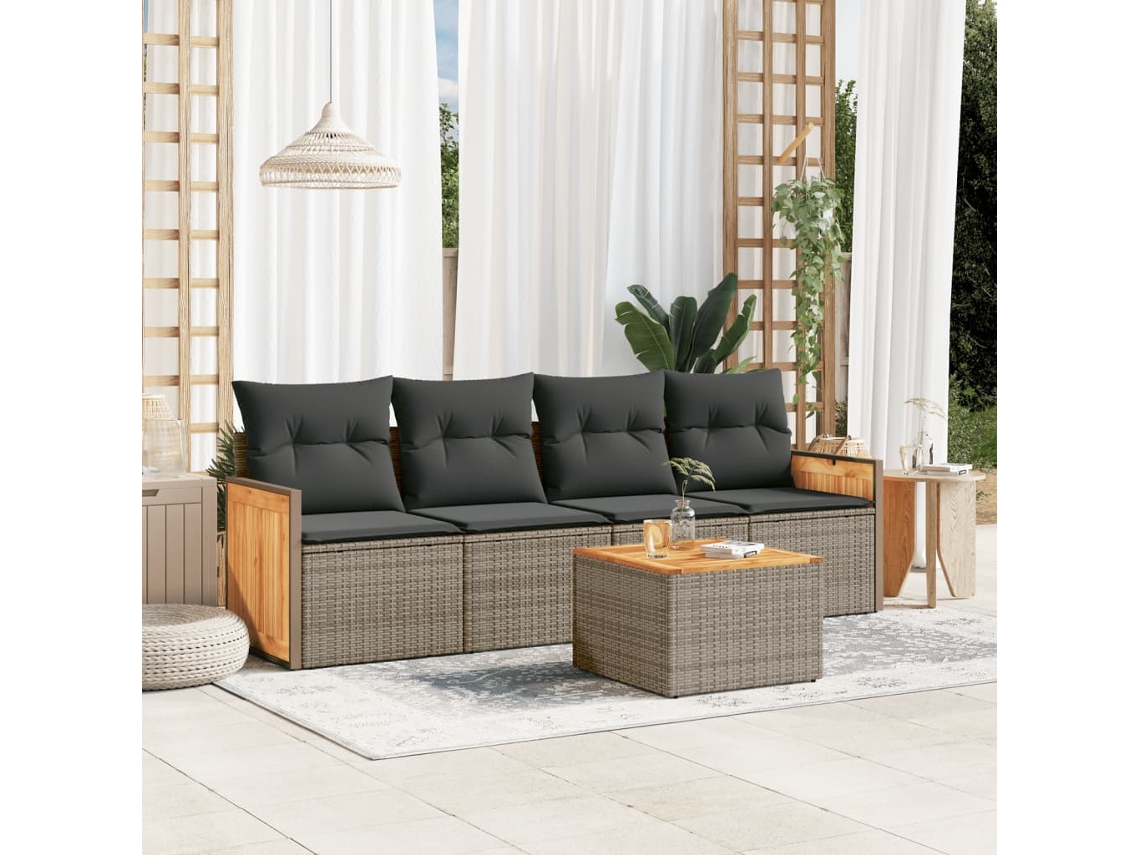 Vidaxl 5 Pcs Conjunto Sofás De Jardim C/ Almofadões Vime Pe Cinzento