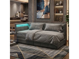 Cama de Solteiro em Linho com Led Inteligente, 2 Gavetas de Arrumação e Usb, Cinza, 90x200 Cm LAZYSPACE