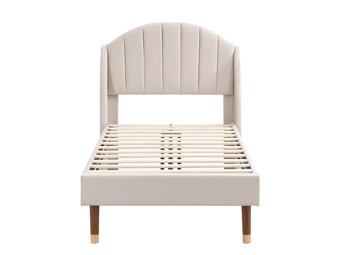 Cama Estofada Juvenil 90x200 com Cabeceira em Veludo Bege e Estrado de Ripas de Madeira,montagem Fácil e Confortável PAPRIKA