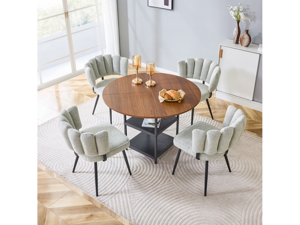 Mesa Nogueira 107cm 2 Níveis 4 Cadeiras Bouclé Creme Cinza