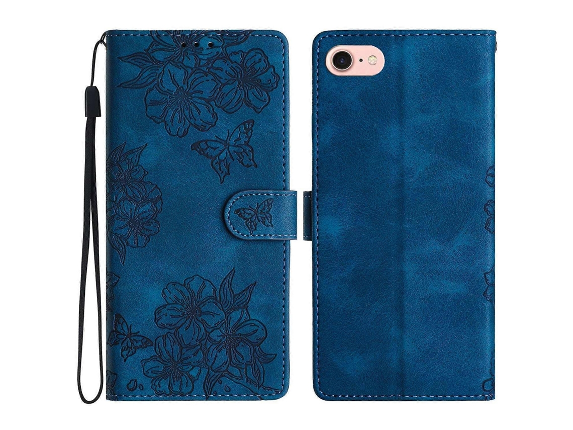 Capa De Couro Com Estampa De Borboleta E Flor Para Iphone 16e - Azul