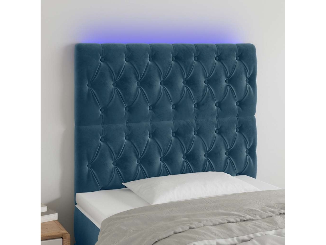 Cabeceira | Painel De Cama Cama C/ Luzes Led Veludo 100x7x118/128cm Azul-escuro