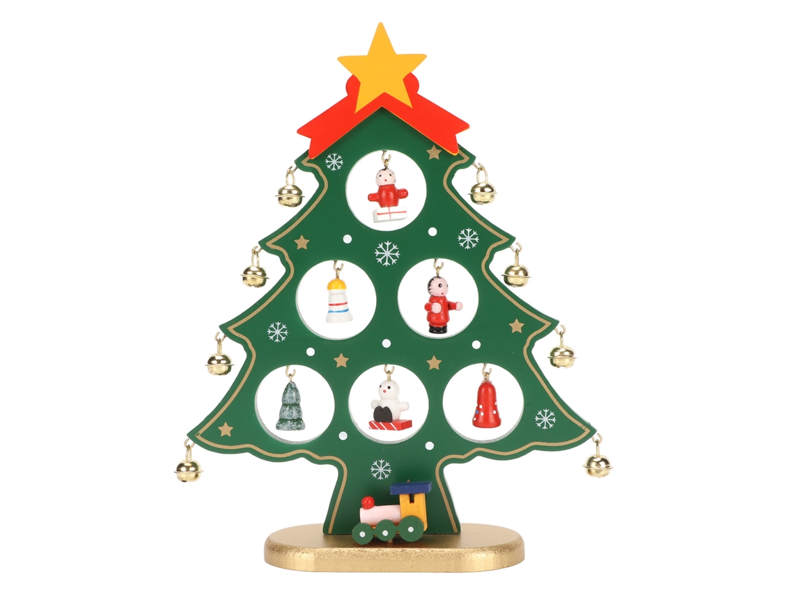 Wooden Christmas Tree Desktop Ornament Shatterproof Safe 8 Bells 7 Pendant Green