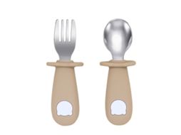 Conjunto de Talheres para Bebê , Inclui Colher e Garfo de Aço Inoxidável, Livre de Bpa. MDUG (marrom/cinza)