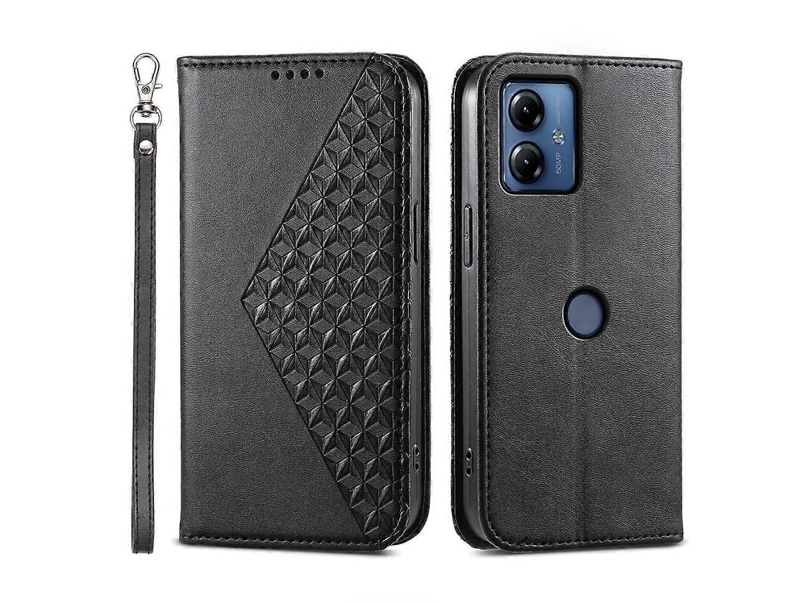 Capa De Celular Motorola Moto G24 Em Couro De Bezerro Com Textura De Grade Cúbica E Sistema Magnético.