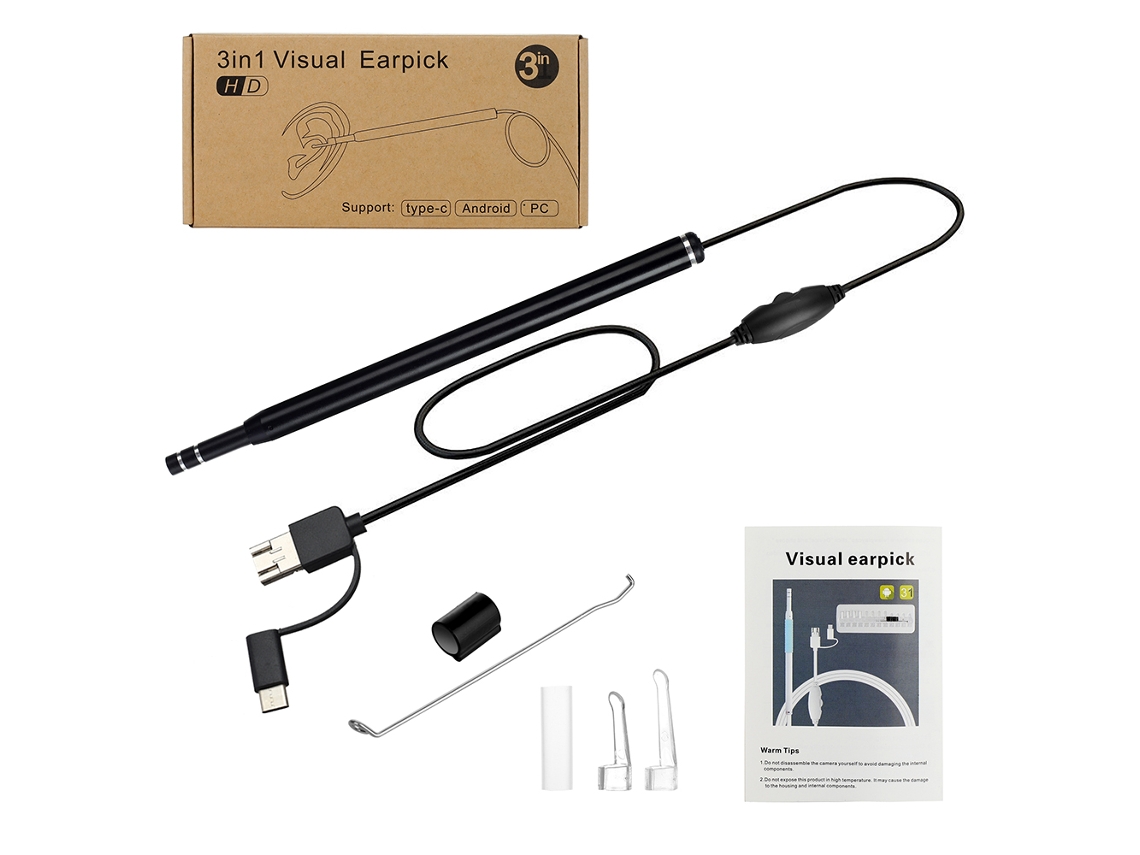 Cotonete Visual YURU 3 em 1 endoscópio otoscópio com lente de câmera de 5.5mm e 6 LEDs ajustáveis para limpeza de ouvido