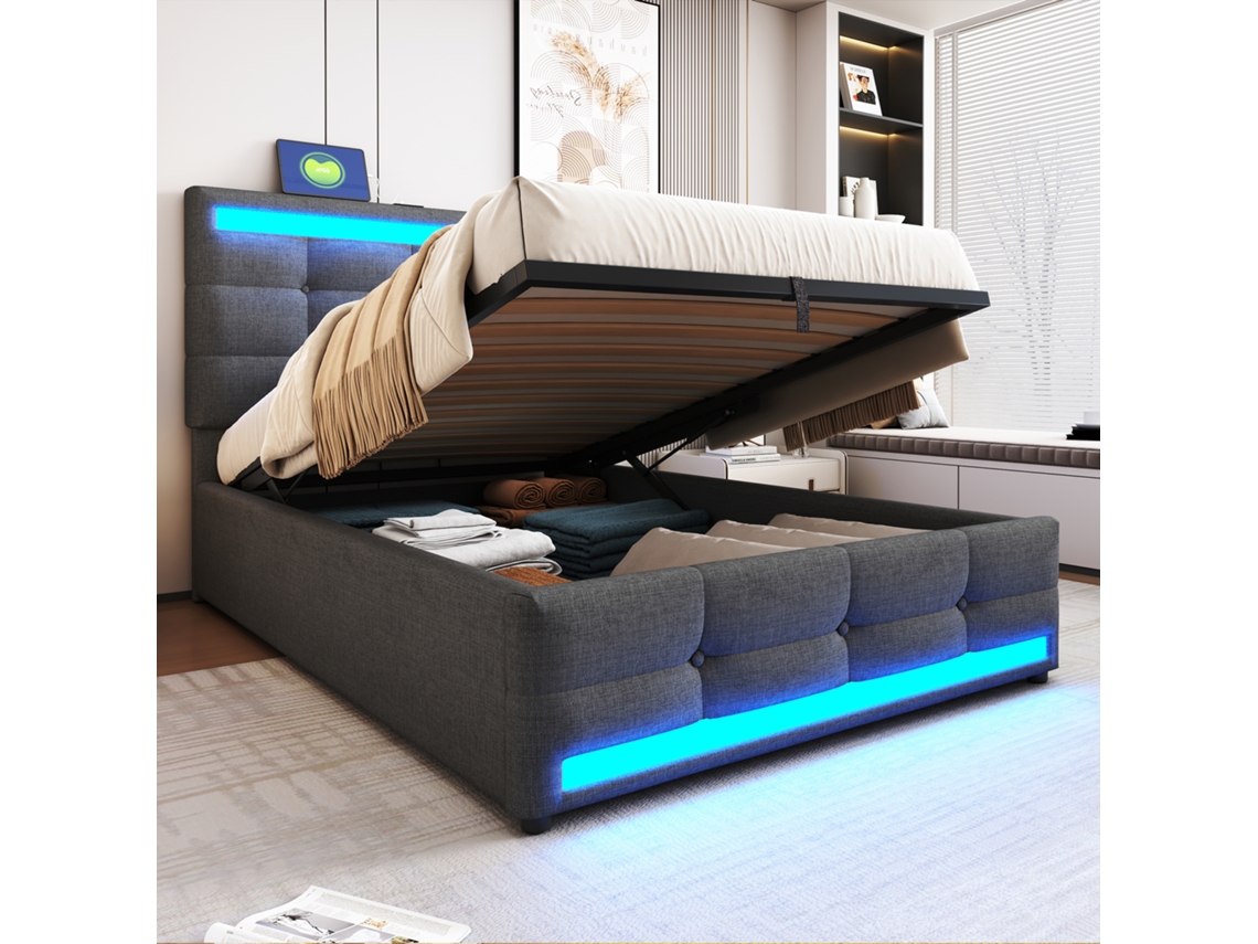 Cama Infantil 90x200 Com Armazenamento Usb E Led Cinza Lino