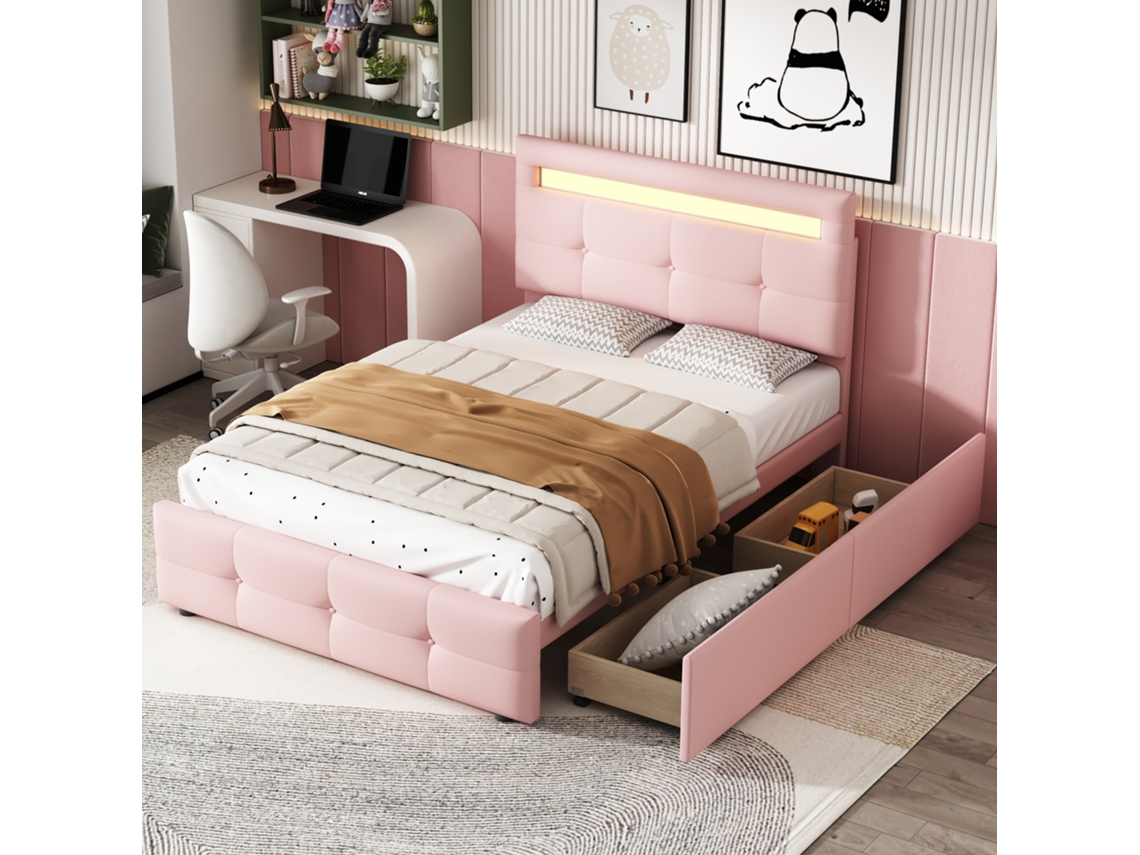 Cama Box Casal 90x200cm Com Led, 2 Gavetas, Revestimento Em Linho Suave À Pele, Cama Infantil, Juvenil E De Hóspedes (rosa)