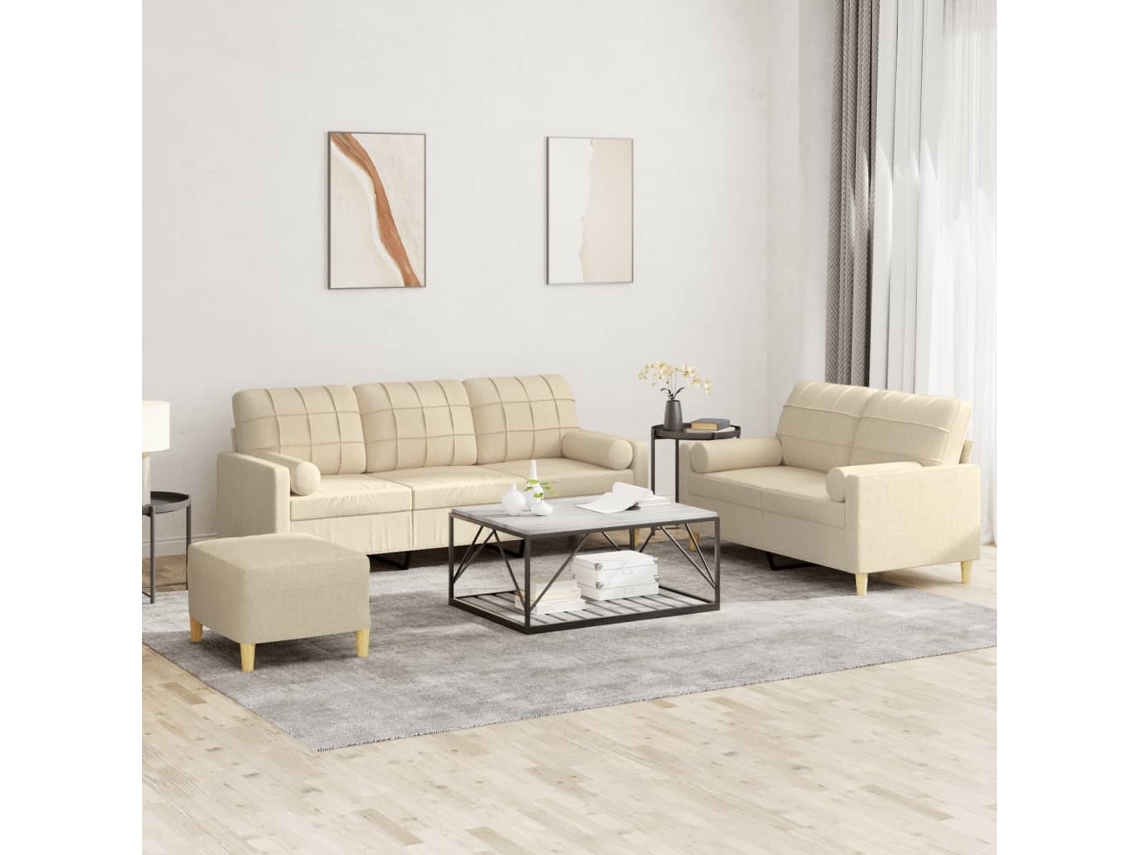 Vidaxl 3 Pcs Conjunto De Sofás Com Almofadas Tecido Cor Creme