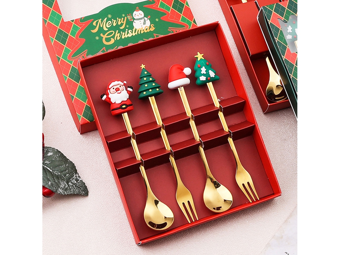 Talheres De Natal Inox Dourado Cute Conjunto 4pcs