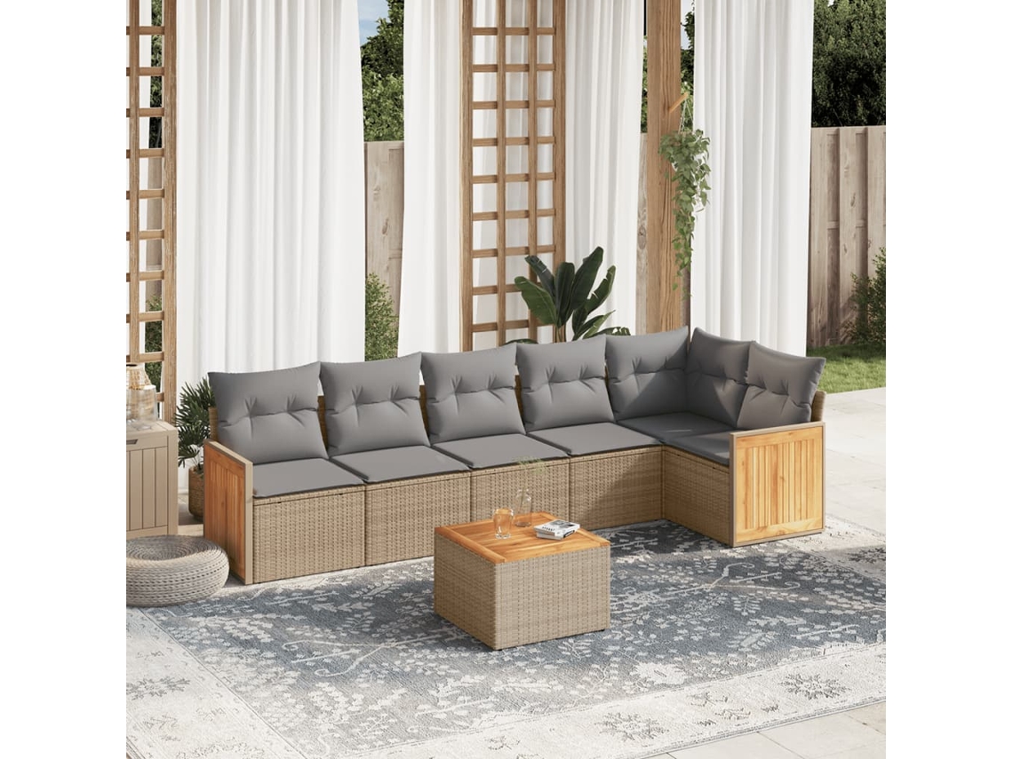 Vidaxl 7 Pcs Conjunto De Sofás P/ Jardim Com Almofadões Vime Pe Bege