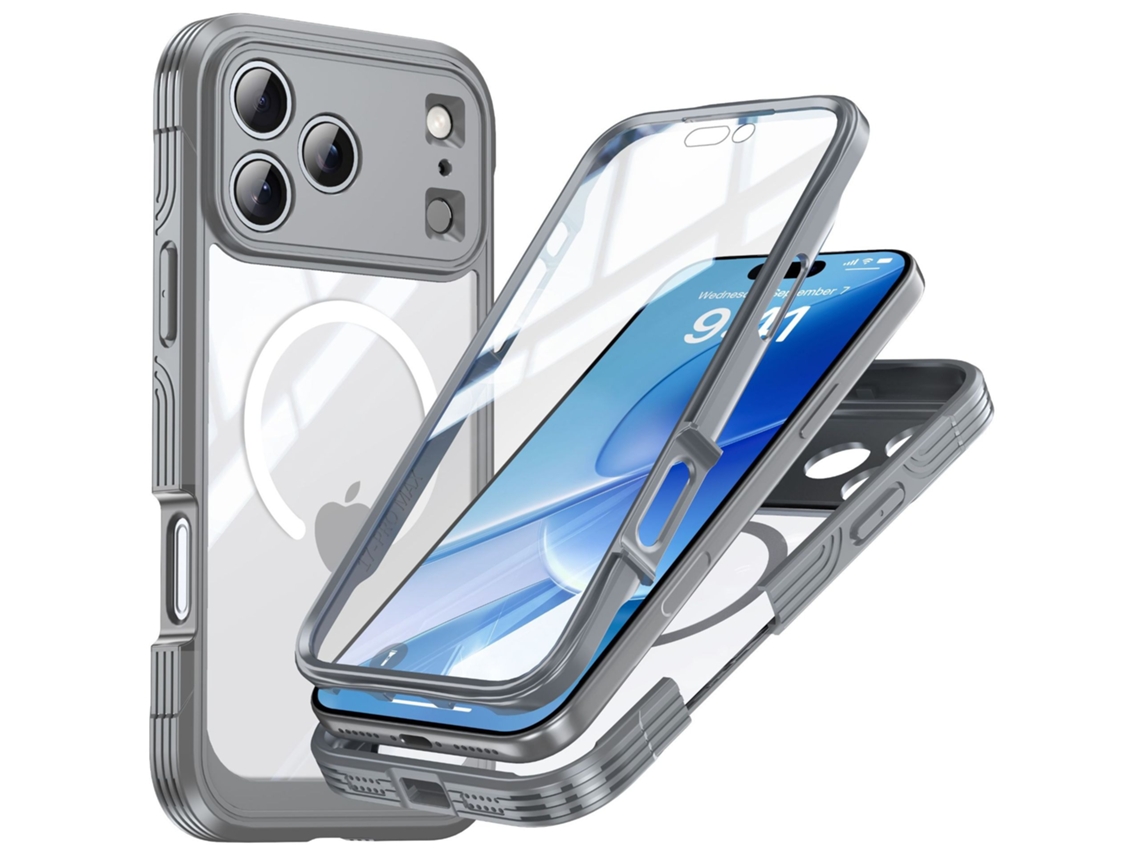 Capa Para Celular Com Vidro Temperado 9h, Resistente A Impactos, Compatível Com Iphone 17 Pro Max, Na Cor Cinza Tpupc, Com Função Magnética E Proteçã