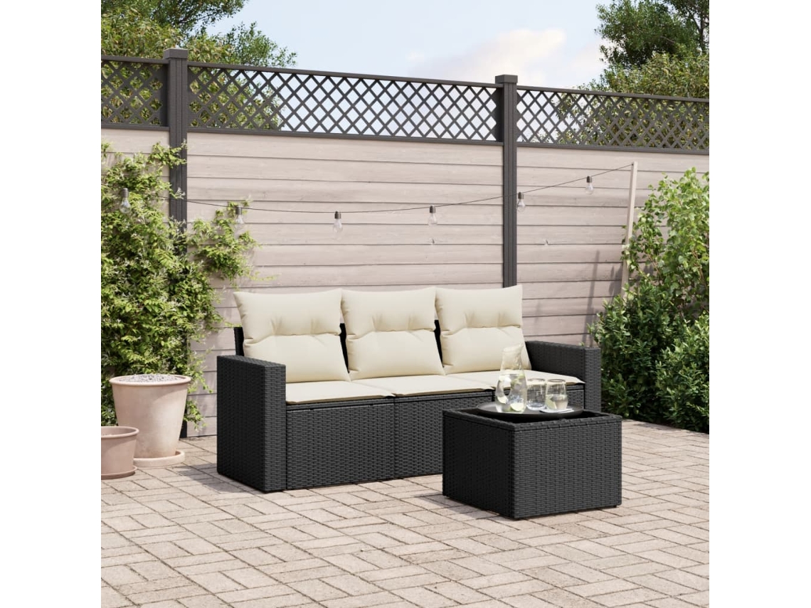 Vidaxl 4 Pcs Conjunto de Sofás para Jardim C/ Almofadões Vime Pe Preto