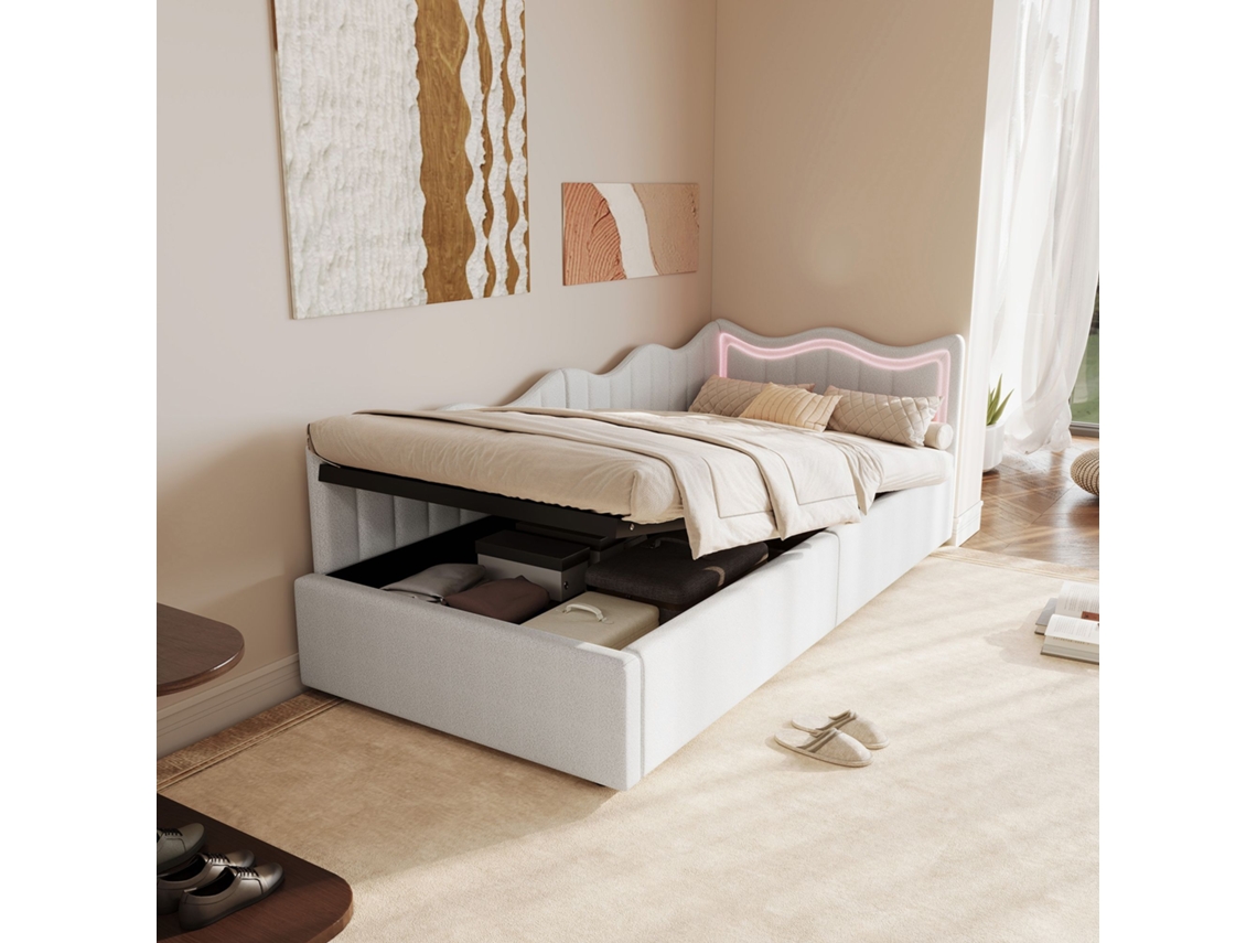 Cama Infantil Sofá 90x200 Cm Com Baú Hidráulico, Led Rgb, Cabeceira Ondulada, Estrado De Ripas, Tecido Teddy, Branco, Sem Colchão