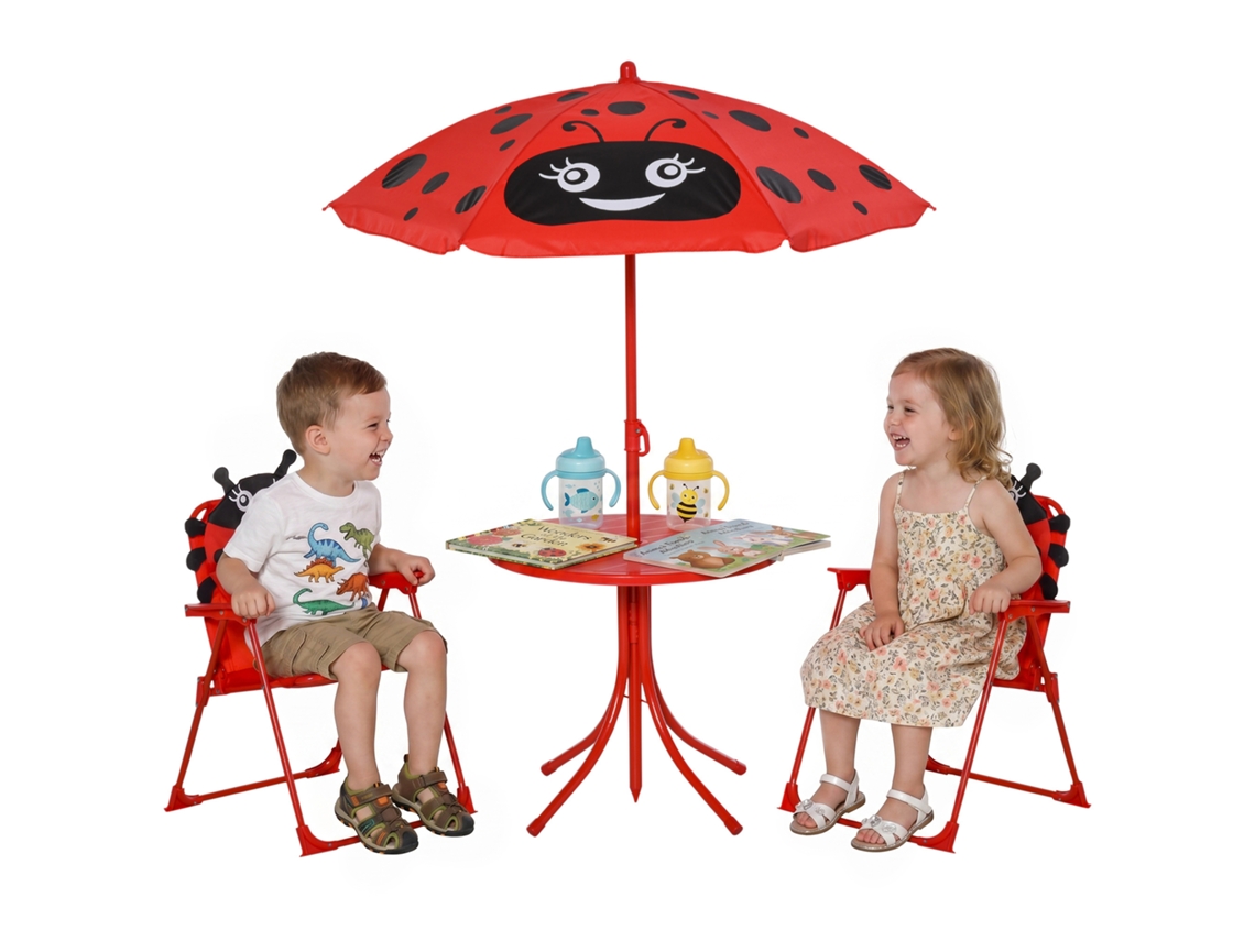 Conj. Infantil Exterior 4 Peças: 2 Cadeiras Dobráveis, Guarda-sol, Mesa Redonda. Aço E Tecido Oxford. Vermelho.