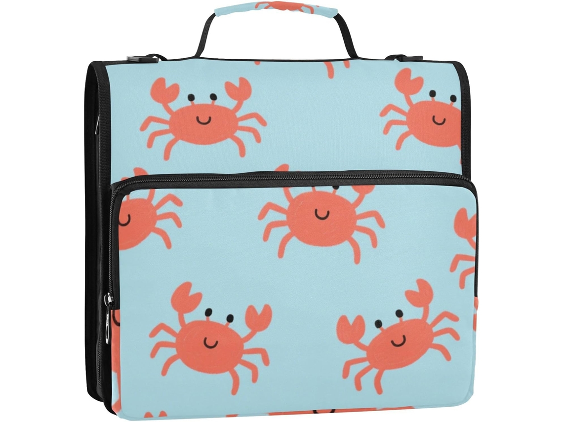 Organizador de Fichário com Zíper 3,8 Cm, Alça e Vários Bolsos para Escola Ou Escritório, Estampa Caranguejo a