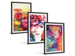 Pinturas Murais Modernas Flores, Retrato Intenso De Uma Mulher Moldura Preta Quadros Para A Sala De Estar Espelharte (3 Piezas De 40x60 Cm)