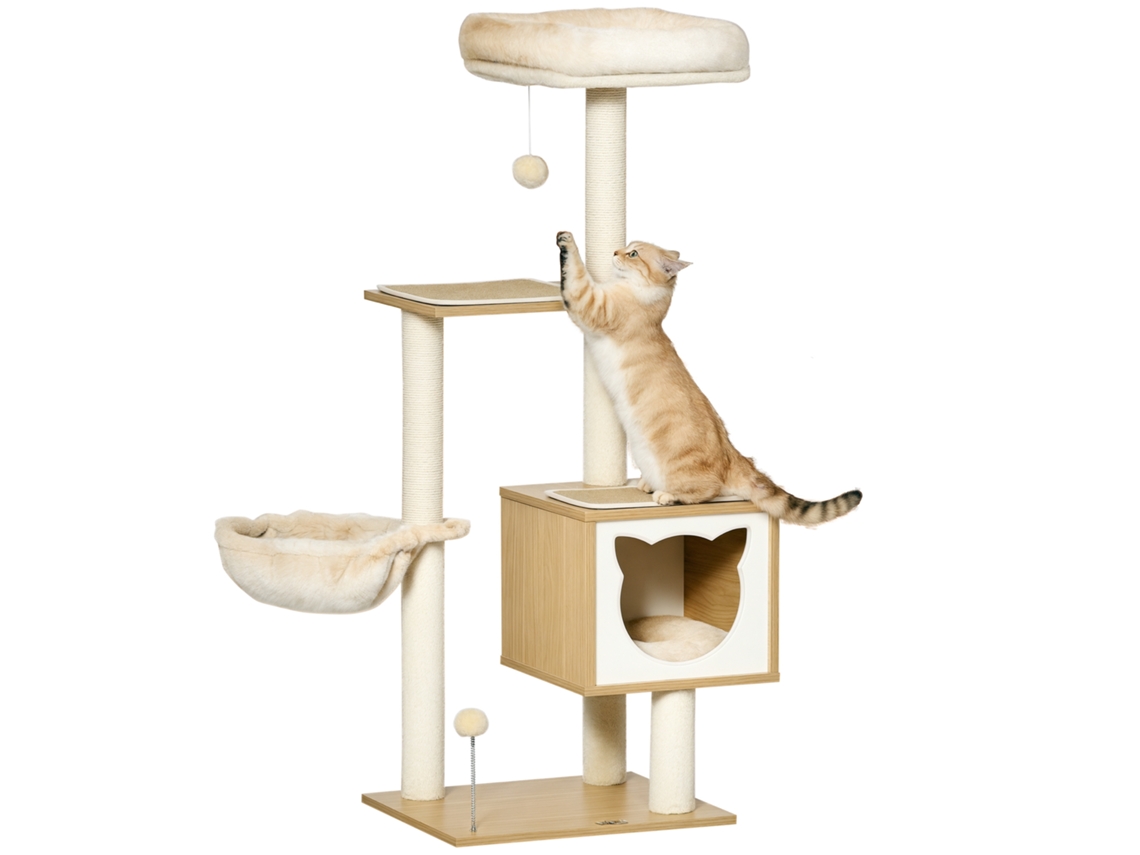 Árvore para Gatos com Arranhador Poste Sisal Nicho Rede Cesta Almofadas Removíveis 126cm Bege S/MARCA