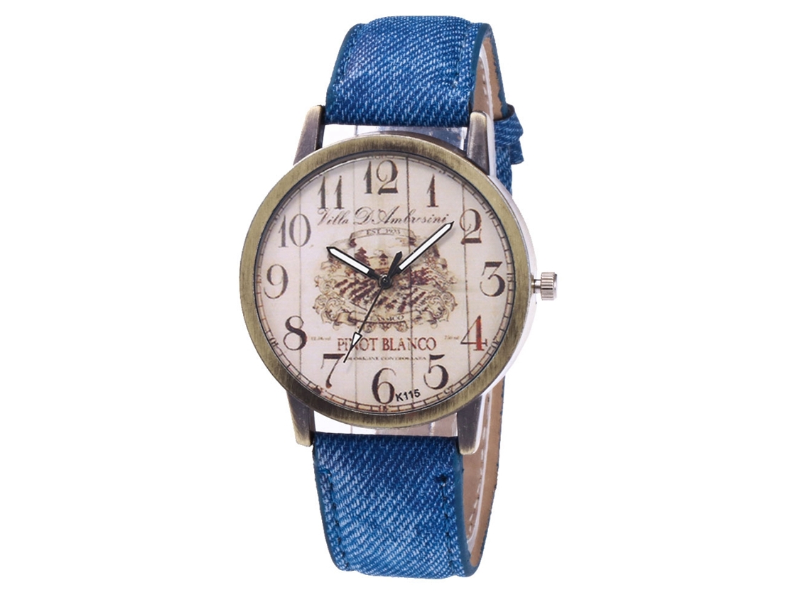 Relógio de pulso unissex Zhoulianfa azul royal com pulseira de jeans, mecanismo de quartzo, letras retrô e pulseira de tecido jeans.