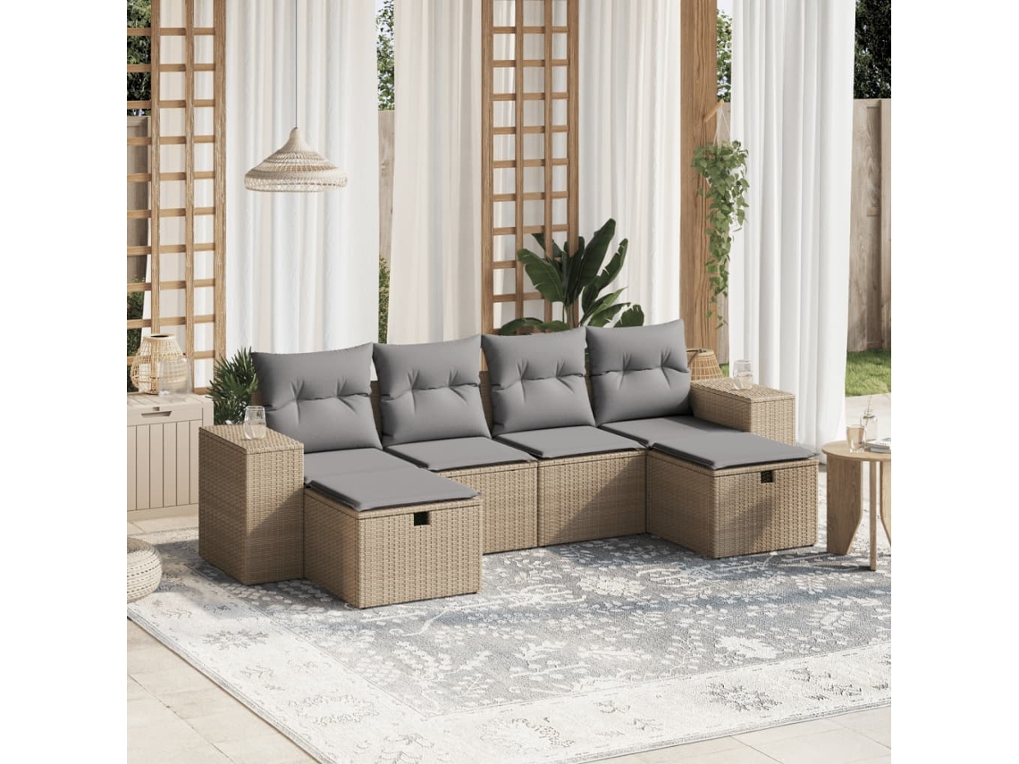 Vidaxl 6 Pcs Conj. Sofás Jardim C/ Almofadões Vime Pe Bege Misturado