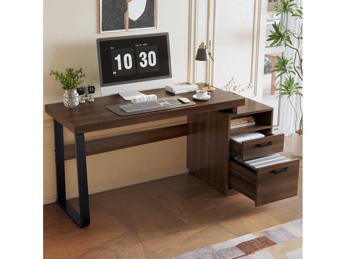 Mesa Escritório 135x54cm, Minimalista, Mdf E Aço, Gaveta Silenciosa.