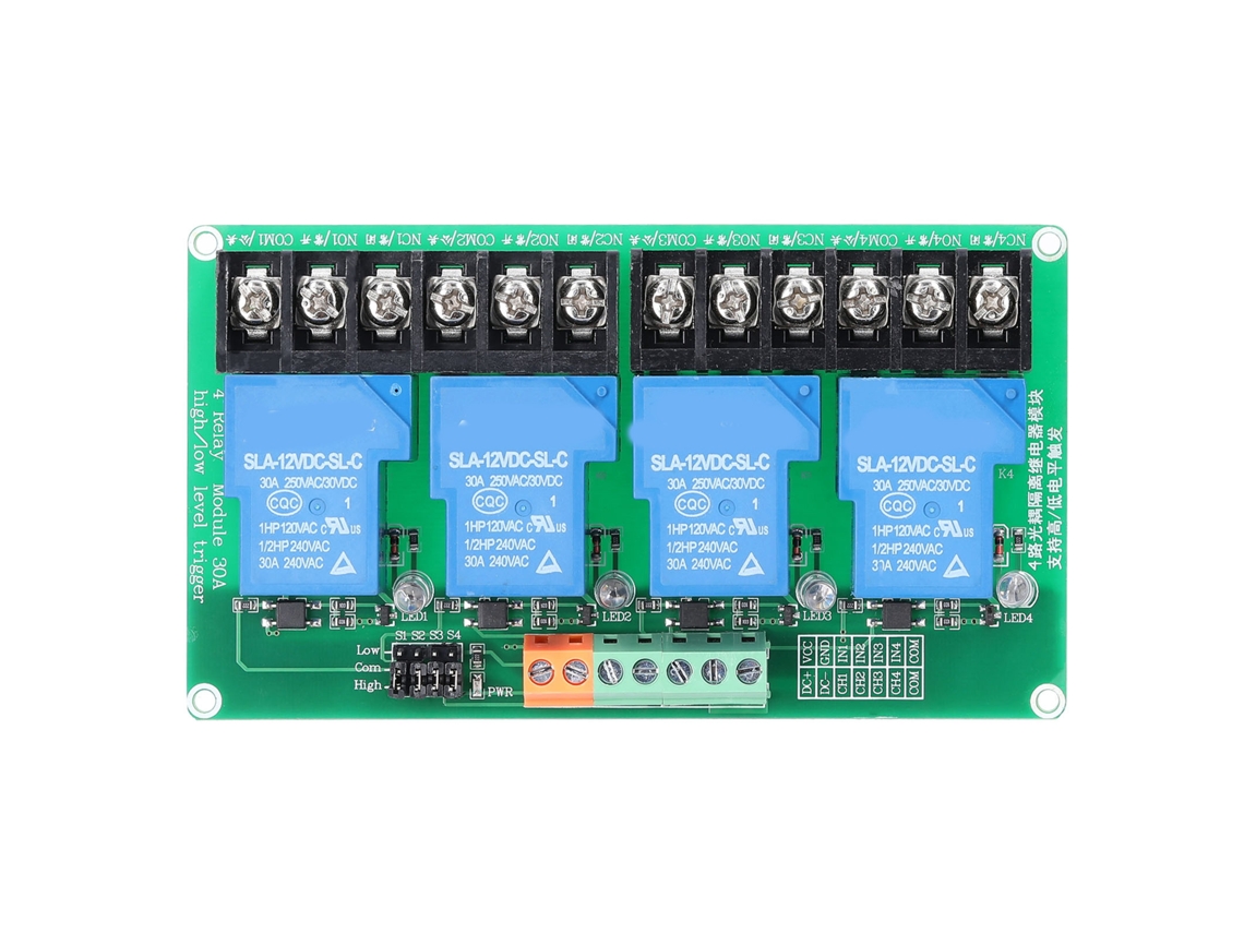 Módulo Relé 4 Canais 30a Com Isolamento Óptico, 5v/12v/24v, Acionamento Alto/baixo