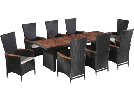 Conjunto de Jantar Exterior vime  almofadões preto (9 peças)