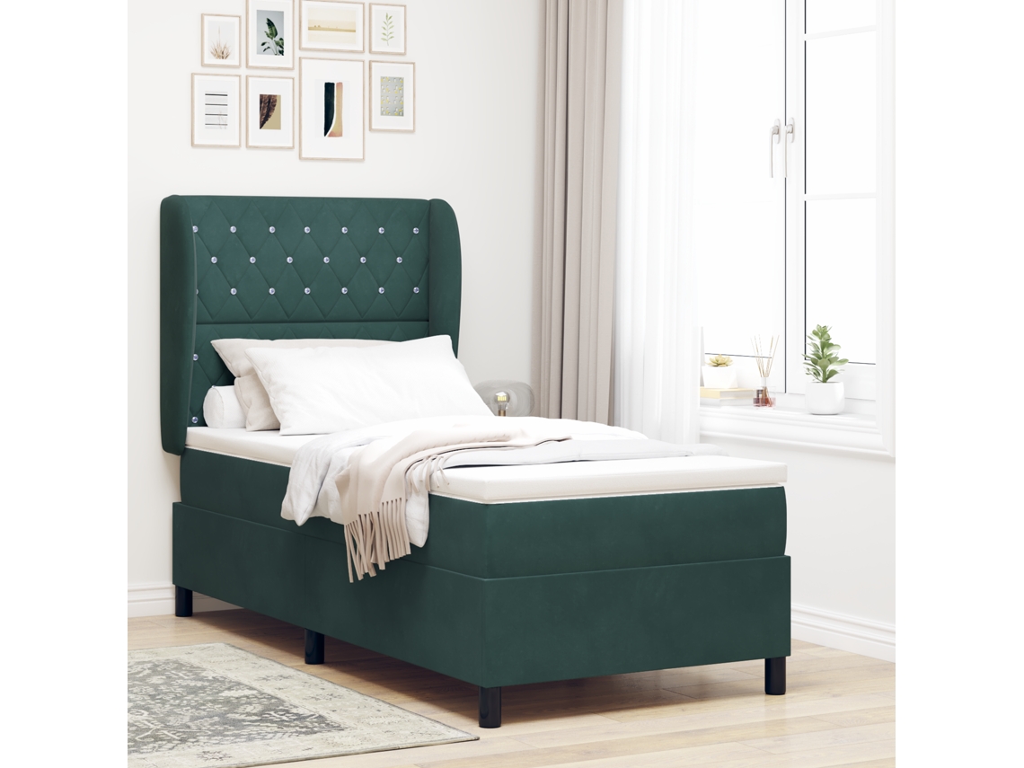 Cama Box Spring Com Colchão Em Verde Escuro, 100x200 Cm, Veludo