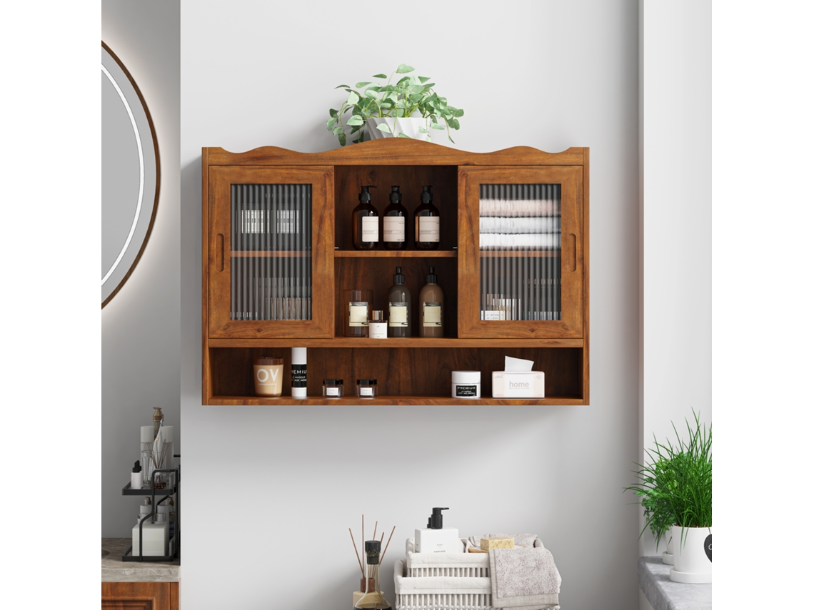 Guarda-roupa retrô com portas de correr de 90 cm, 2 portas e 3 prateleiras, ideal para banheiro, cozinha e sala de estar, marrom.