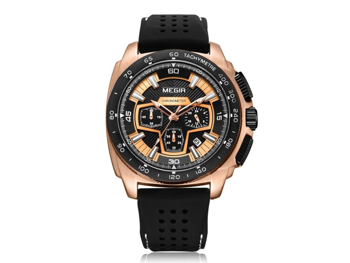 Relógio masculino Megir, liga metálica, pulseira de silicone, movimento de quartzo analógico, dourado rosê, preto
