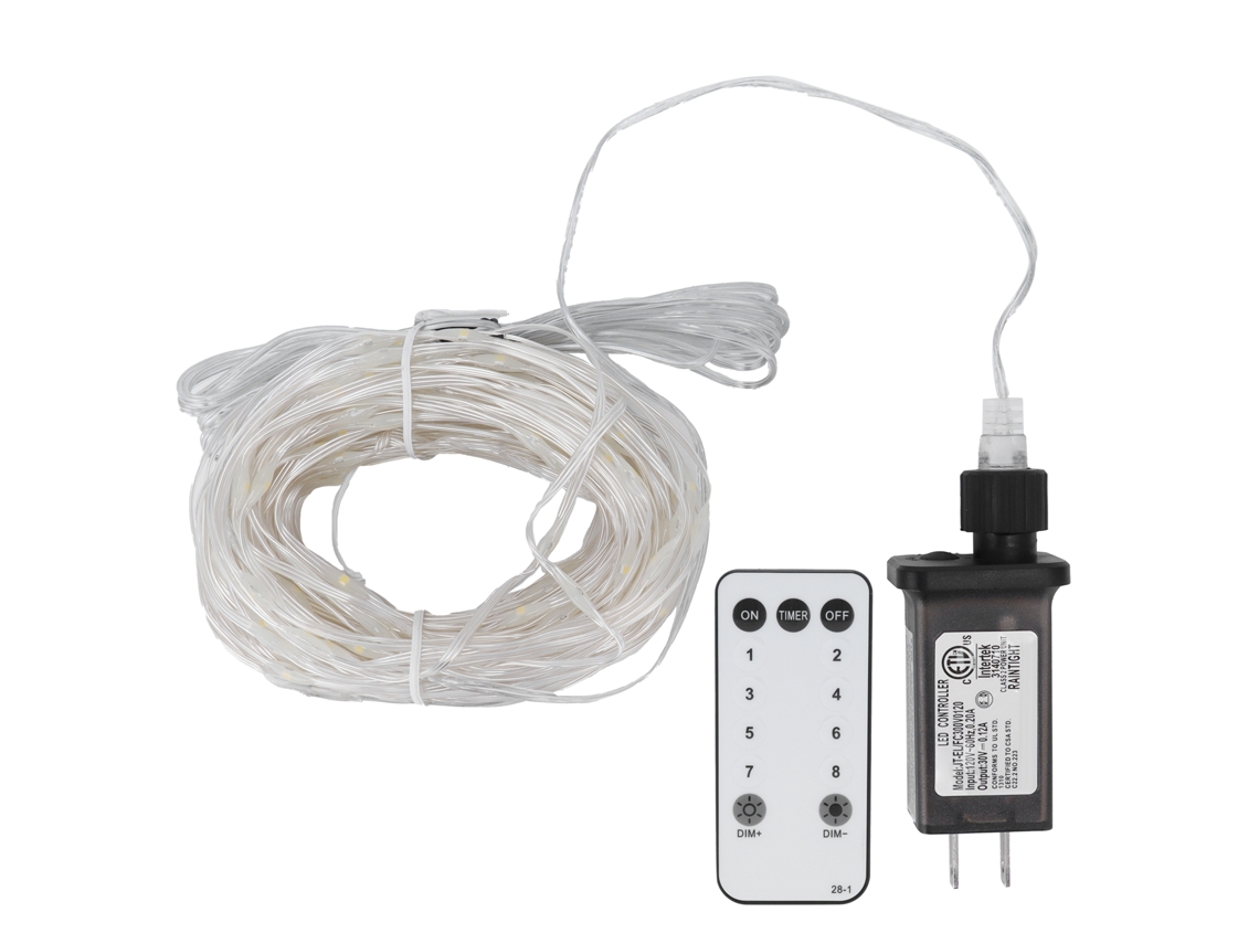 Cordão de luzes LED transparente 2026, 23m, 200 LEDs, com controle remoto, branco quente, para decoração externa, festas e feriados.