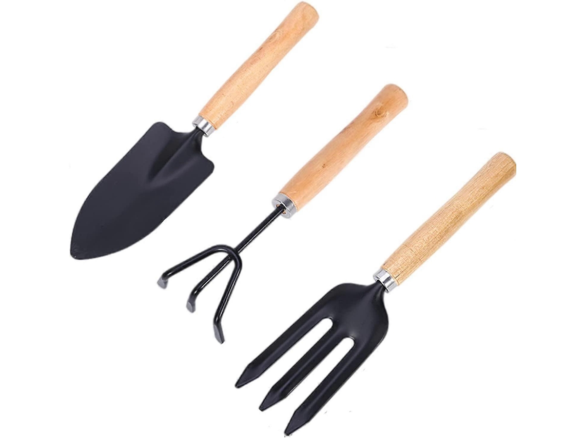 Kit de 3 ferramentas de jardim mini com pá pequena, azada e rastillo com cabo pequeno | S/MARCA