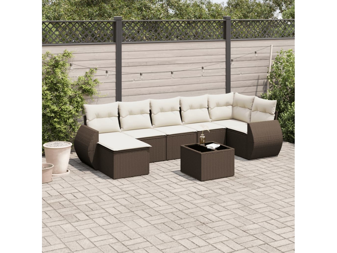 Vidaxl 8 Pcs Conjunto Sofás De Jardim C/ Almofadões Vime Pe Castanho