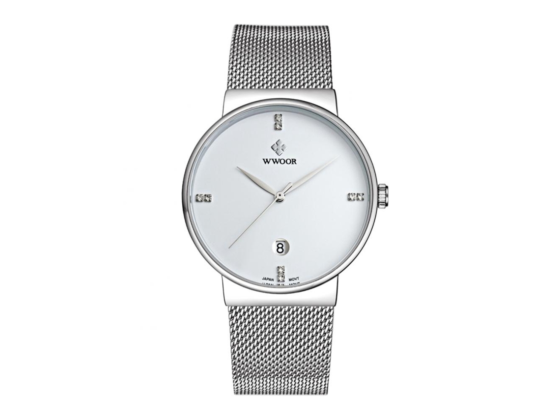 Relógio de pulso masculino em aço inoxidável, estilo moderno e resistente à água (mostrador branco)