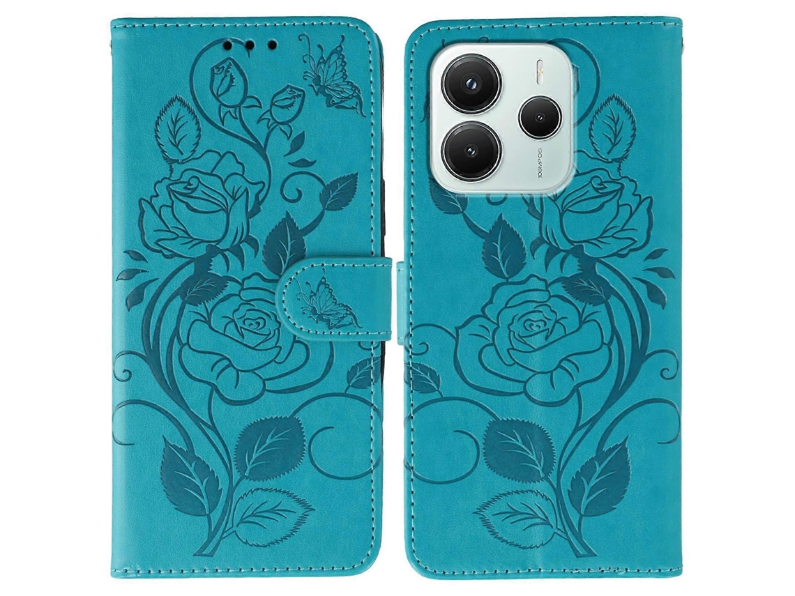 Capa Tipo Carteira Com Estampa De Borboleta Rosa E Couro Sintético Azul Para Xiaomi Redmi Note 14 4g (163,25 Mm)