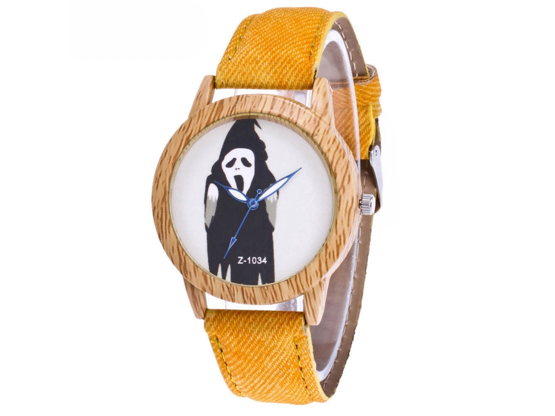 Relógio de quartzo em liga metálica com textura de madeira Zhoulianfa para o Halloween (amarelo)