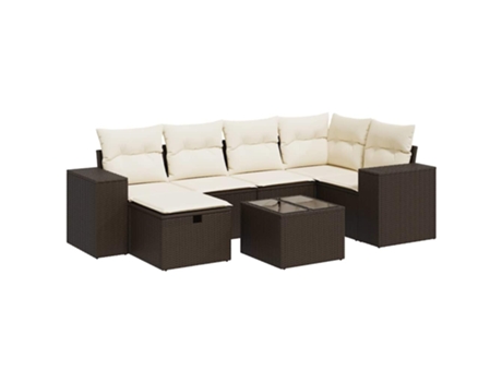 Conjunto 7 de sofás jardim c/ almofadões VIDAXL vime PE castanho